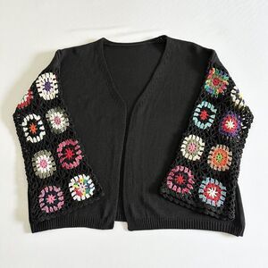 Black Open Front Cardigan Medium Crochet Colorful Granny Square Sleeve Boho